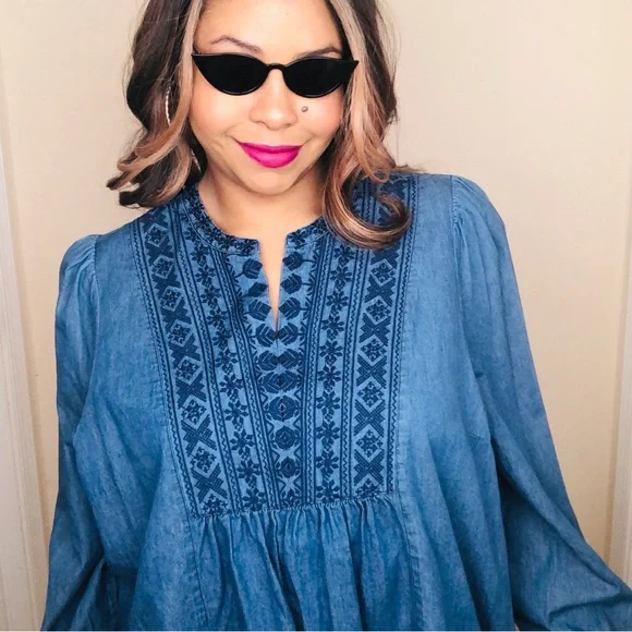 SALE 🔥 FALLS CREEK 3X Denim Blue Embroidered Boho Western Long Slv Plus Peasant - Picture 3 of 15